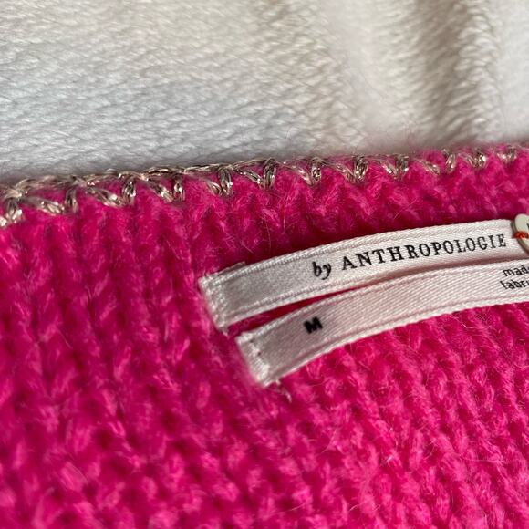 BY ANTHROPOLOGIE Hot Pink Sweater Medium Gold Glitter Wool Alpaca Knit Pullover - Picture 3 of 5